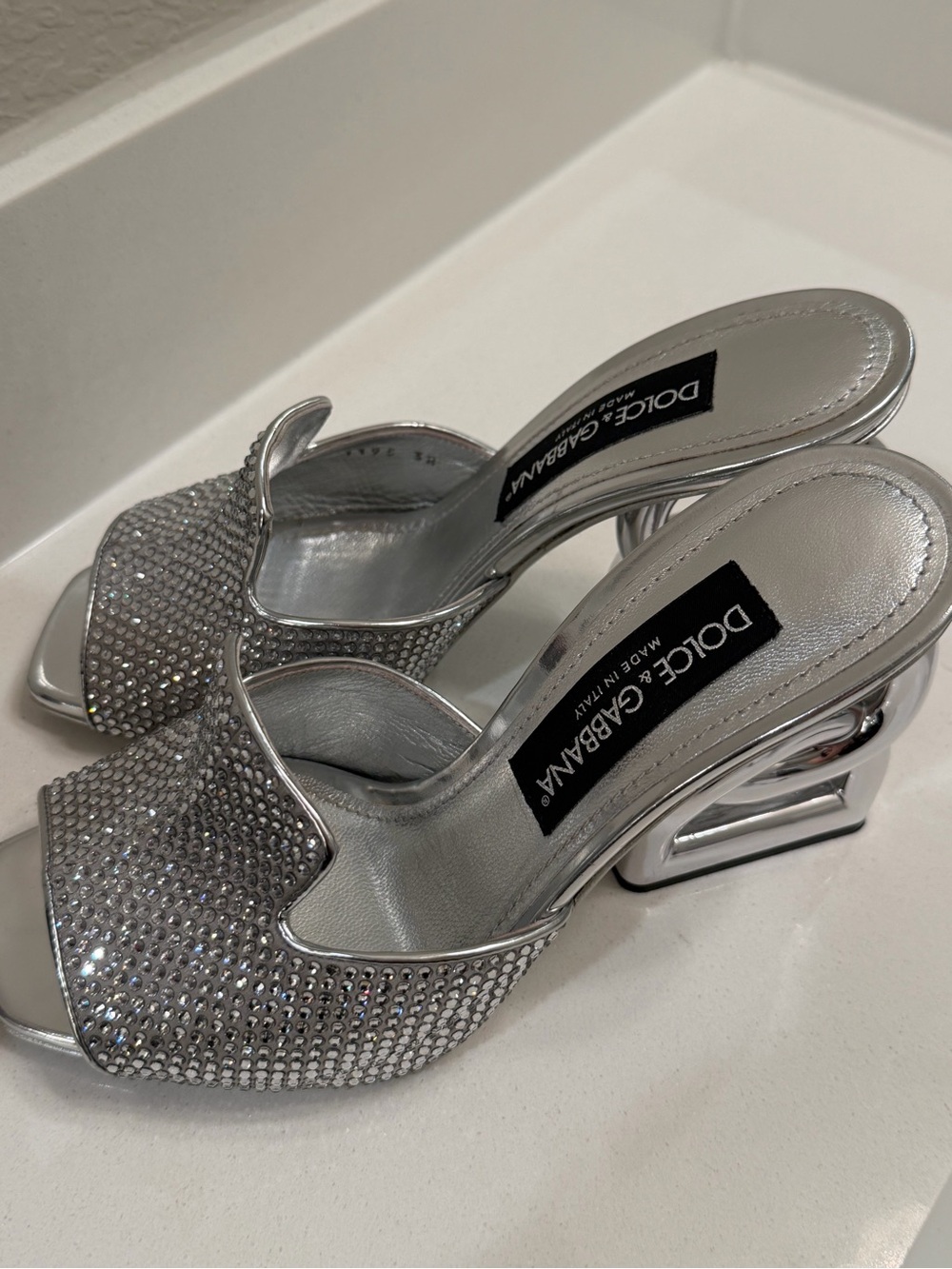 Dolce & Gabbana Silver Satin Crystal Embellished Keira Slide Sandals Size 38